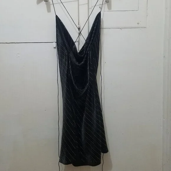 NWT JEWEL SATIN EFFECT BLACK RHINESTONE DRESS - Picture 10 of 11